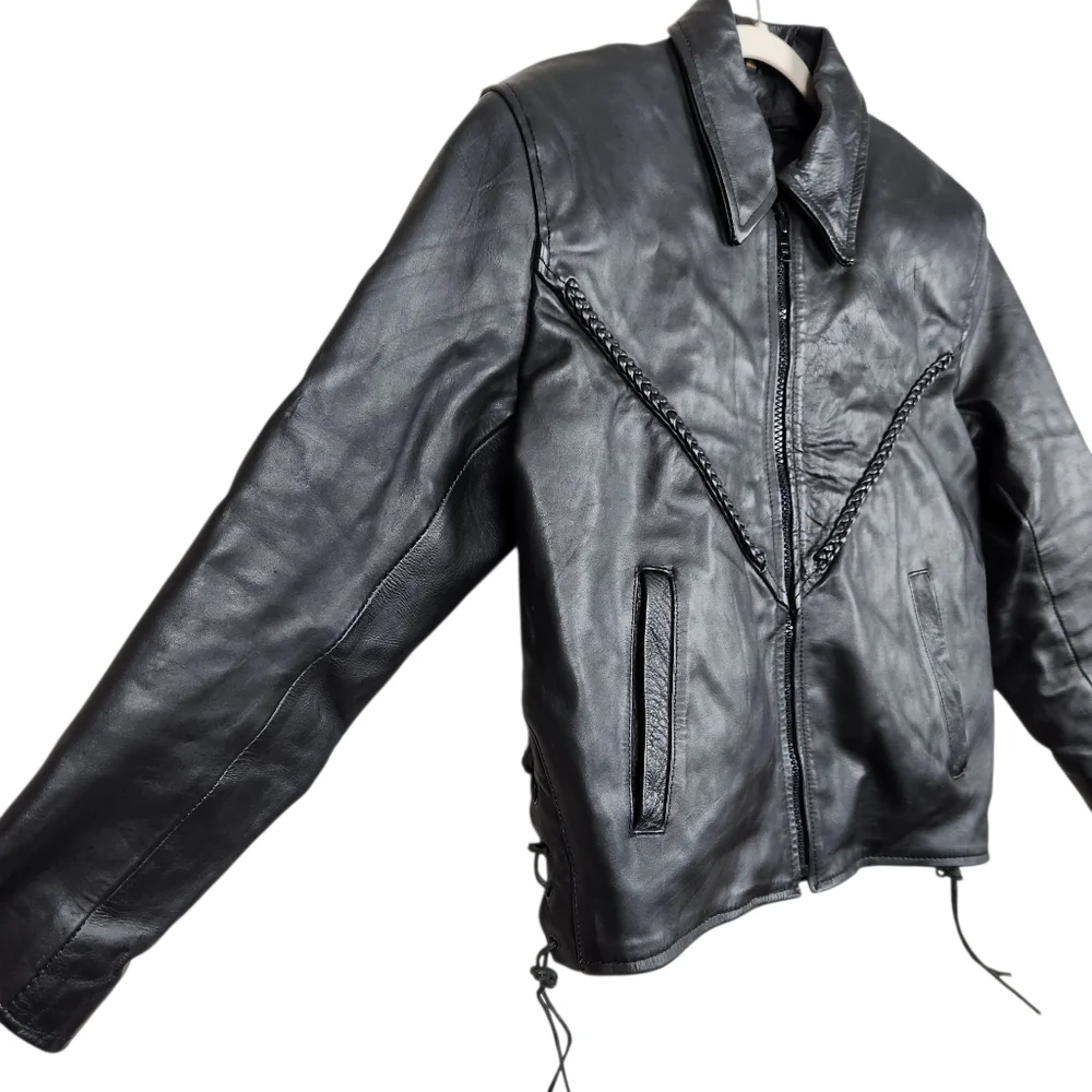 Antelope Creek Vintage Black Leather Moto Riding Jacket Braided HD Womens Size M